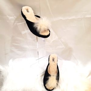 UGG Black Suede Heel Slippers w/puff ball